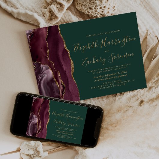 Invitation Agate dorée bourgogne moderne Emerald Green Mariag