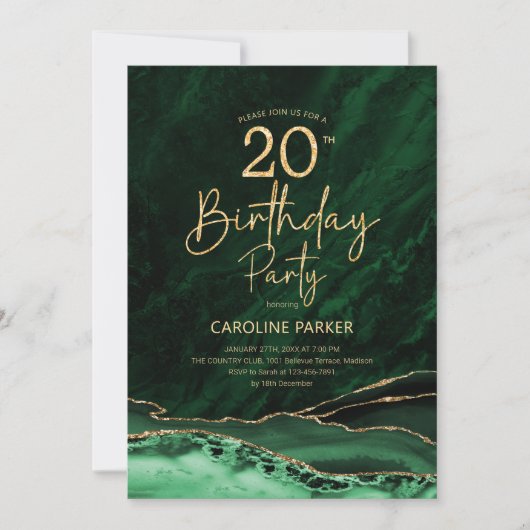 Invitation Agate Emerald Green Gold 20e anniversaire (Devant)