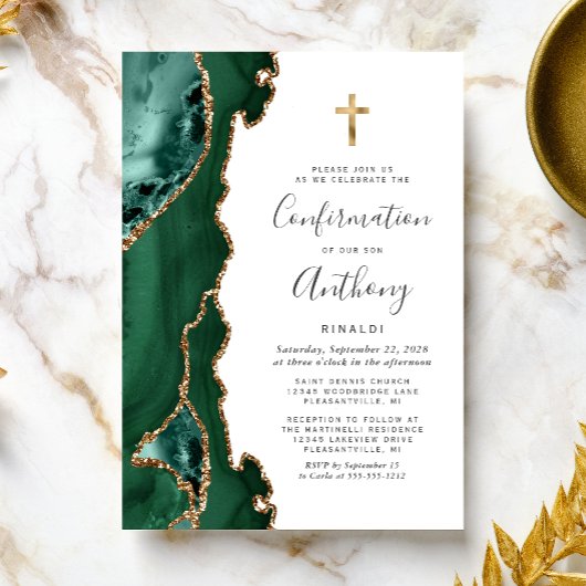 Invitation Agate Émeraude Vert Or Paillettes Confirmation