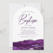 Invitation Agate et croix en argent et pourpre | Baptême (Devant)