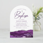 Invitation Agate et croix en argent et pourpre | Baptême (Debout devant)