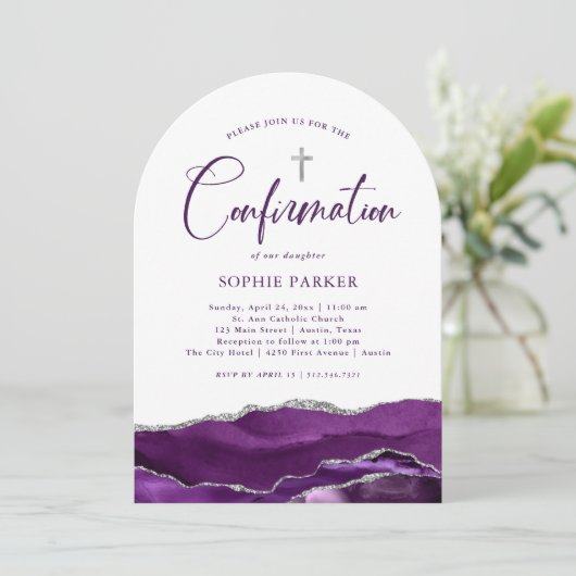 Invitation Agate et croix en argent et pourpre | Confirmation (Debout devant)