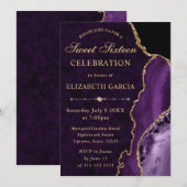 Invitation Agate et marbre violet et or scintillant Douze ans (Devant / Derrière)
