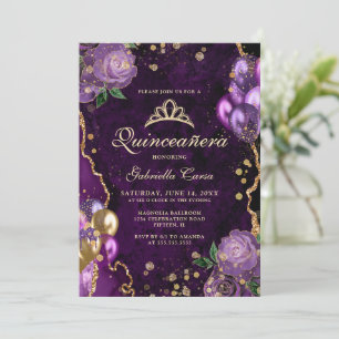 Invitation Agate Florale d'or violet photo Quinceanera