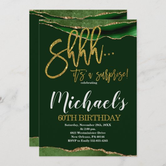 Invitation Agate Gold & Green Surprise fête d'anniversaire (Devant / Derrière)