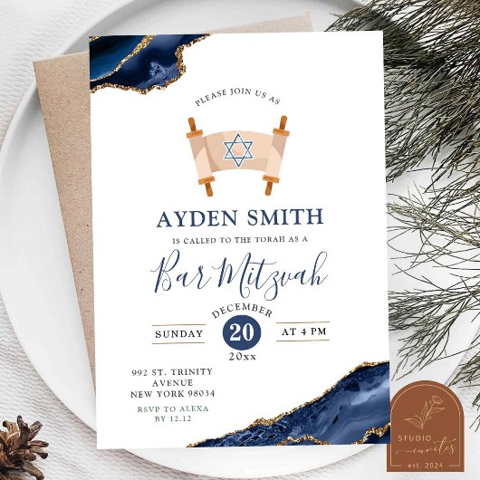 Invitation Agate Gold Navy Blue Bar Mitzvah