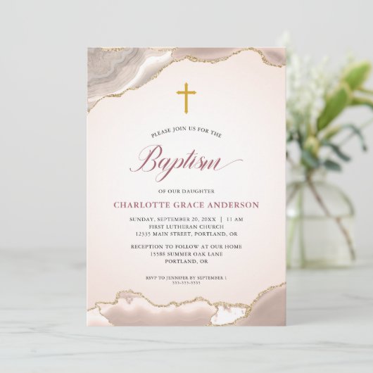 Invitation Agate Gold Parties scintillant Script Baby Girl Ba (Debout devant)
