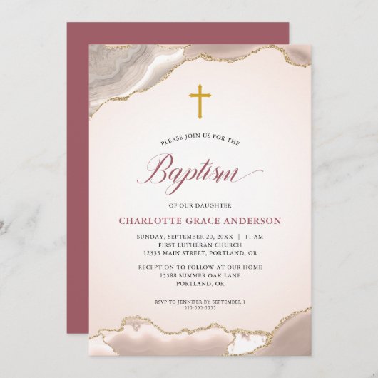 Invitation Agate Gold Parties scintillant Script Baby Girl Ba (Devant / Derrière)