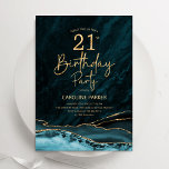 Invitation Agate Gold Turquoise 21e anniversaire<br><div class="desc">Turquoise et or agate 21e anniversaire invitation de fête. Elégant design moderne avec aquarelle turquoise agate marbre arrière - plan,  faux parties scintillant or et typographie script. Carte invitation branchée parfaite pour une célébration anniversaire féminine élégante. Invitations Zazzle imprimées ou téléchargement instantané modèle imprimable numérique.</div>