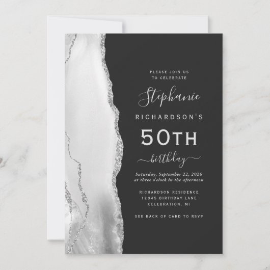 Invitation Agate gris blanc argent QR Code 50e anniversaire (Devant)