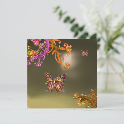 Invitation AGATE GRIS PAPILLON, rose vif jaune marron (Debout devant)