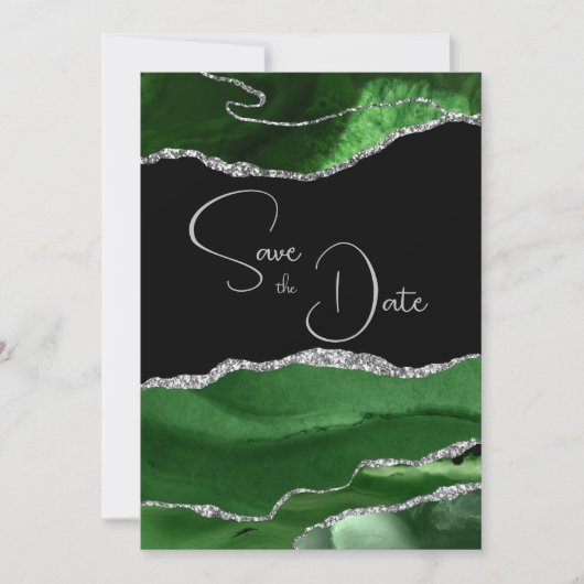 Invitation Agate Marbre vert et mariage argent Enregistrer la (Devant)