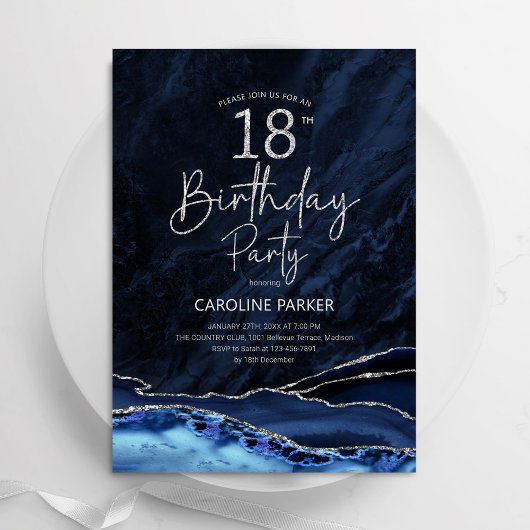 Invitation Agate Marine Bleu Argent 18e anniversaire