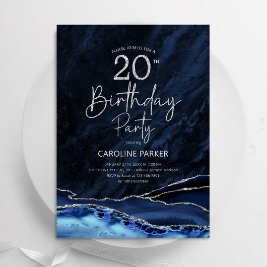 Invitation Agate Marine Bleu Argent 20e anniversaire