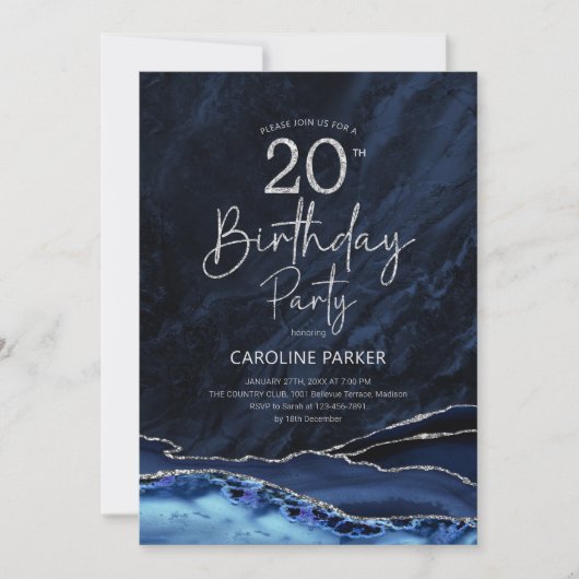Invitation Agate Marine Bleu Argent 20e anniversaire (Devant)