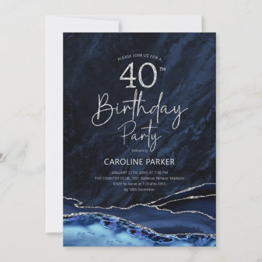 Invitation Agate Marine Bleu Argent 40e anniversaire (Devant)
