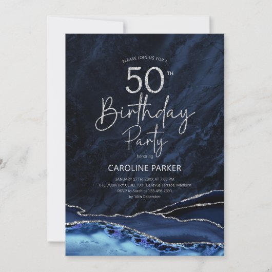 Invitation Agate Marine Bleu Argent 50e anniversaire (Devant)