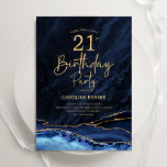 Invitation Agate Marine Blue Gold 21e anniversaire<br><div class="desc">Marine bleu et or agate 21e anniversaire invitation de fête. Elégant design moderne avec aquarelle bleu royal agate marbre arrière - plan,  fausse parties scintillant or et typographie script police. Carte invitation branchée parfaite pour une célébration anniversaire féminine élégante. Invitations Zazzle imprimées ou téléchargement instantané modèle imprimable numérique.</div>