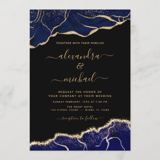 Invitation Agate Marine Blue Gold Mariage (Devant)