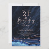 Invitation Agate Marine Blue Rose Gold 21e anniversaire (Devant)