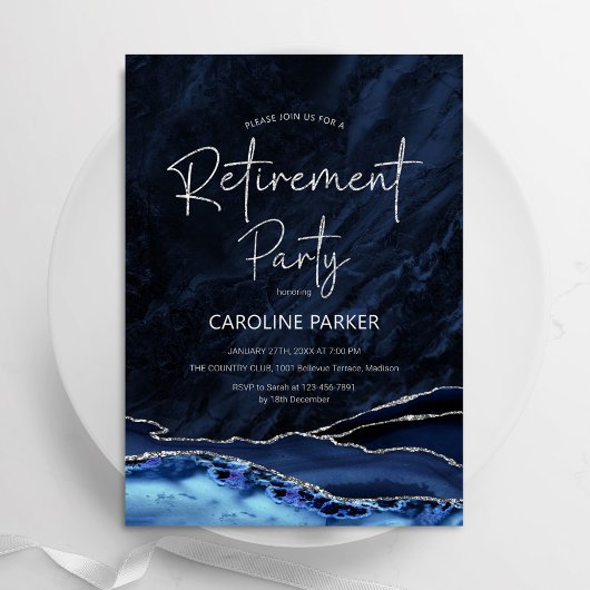 Invitation Agate Marine Blue Silver Retraite Party