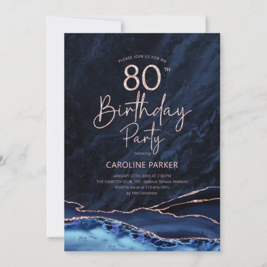 Invitation Agate Marine Rose bleu or 80e anniversaire (Devant)