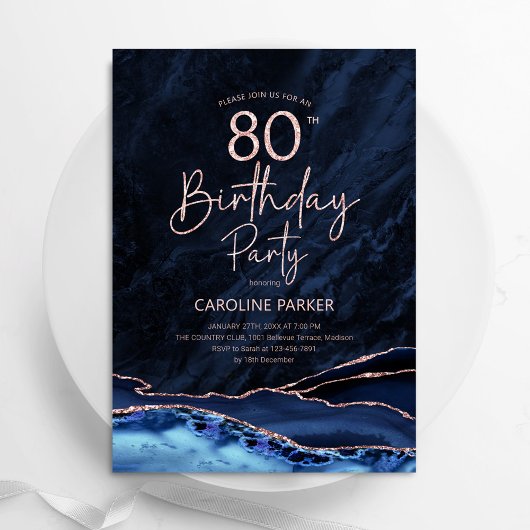 Invitation Agate Marine Rose bleu or 80e anniversaire