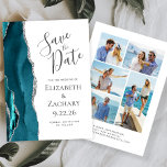 Invitation Agate moderne Argent Turquoise 5-Photo Enregistrer<br><div class="desc">Cette élégante carte de date moderne comporte une bordure d'aquarelle bleue turquoise, découpée avec une parties scintillant en faux argent. Le texte personnalisable est gris charbon sur un arrière - plan blanc. Remplacez facilement les cinq exemples d'images au verso de la carte par vos photos, et ajoutez un bref texte...</div>