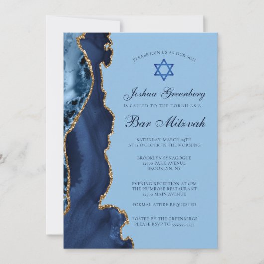 Invitation Agate moderne Blue Gold Bar Mitzvah Party (Devant)