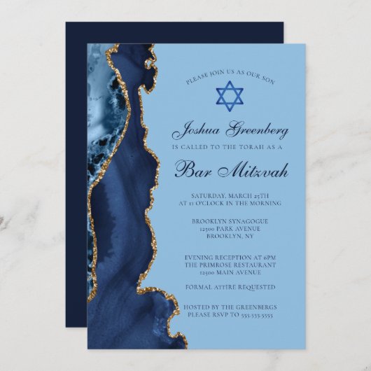 Invitation Agate moderne Blue Gold Bar Mitzvah Party (Devant / Derrière)