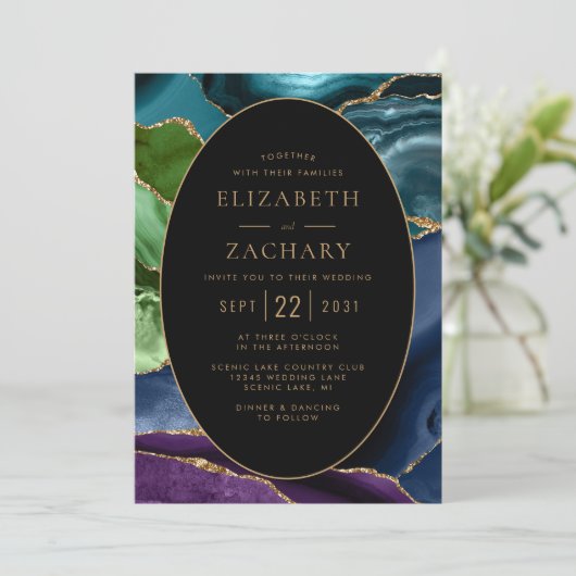 Invitation Agate moderne Gold Oval Frame QR Code Mariage (Debout devant)