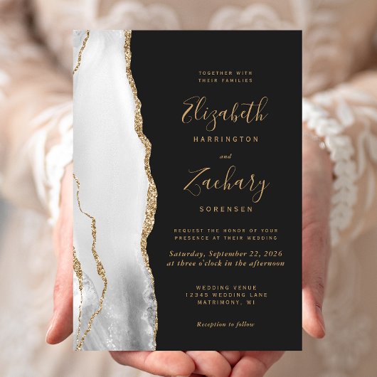 Invitation Agate moderne Gris Blanc Or Mariage foncé