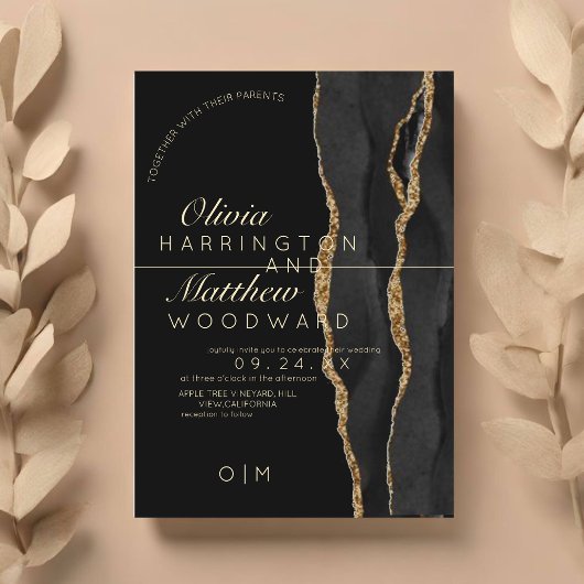 Invitation Agate moderne Luxe noir et or Mariage