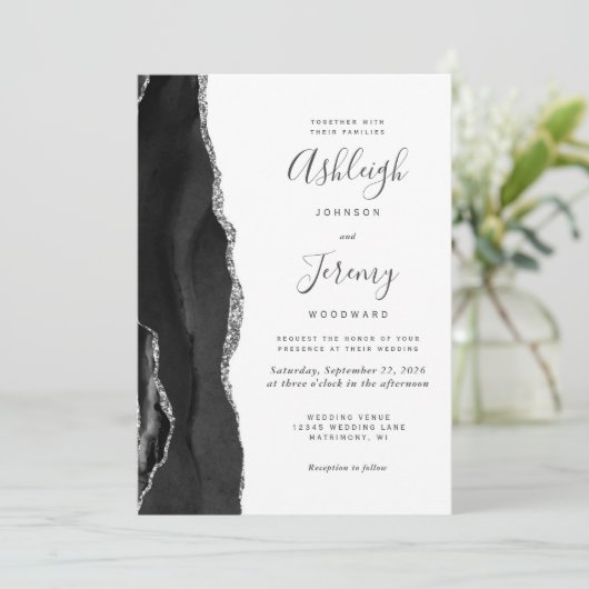 Invitation Agate moderne Mariage noir argent (Debout devant)