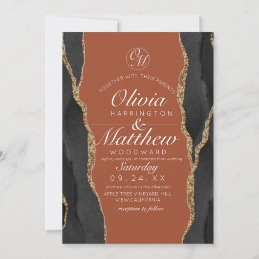 Invitation Agate moderne Mariage noir et orange or (Devant)