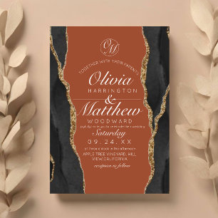 Invitation Agate moderne Mariage noir et orange or