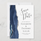 Invitation Agate moderne Marine Bleu Argent Enregistrer la ca (Devant)