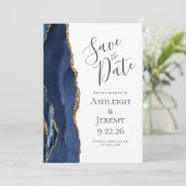 Invitation Agate moderne Marine Blue Gold Enregistrer la cart (Debout devant)