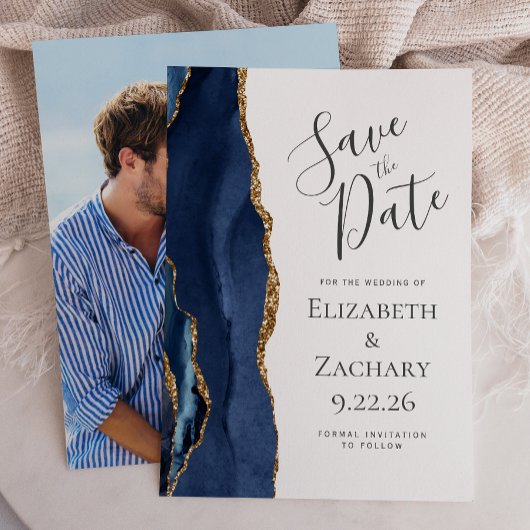 Invitation Agate moderne Marine Blue Gold Photo Enregistrer l