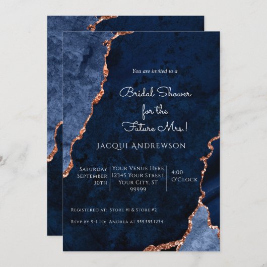 Invitation Agate moderne Marine Dusty Blue Rose Gold Bridal I (Devant / Derrière)