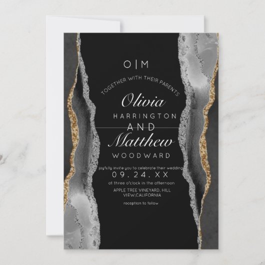 Invitation Agate moderne Noir et blanc Mariage or argent (Devant)