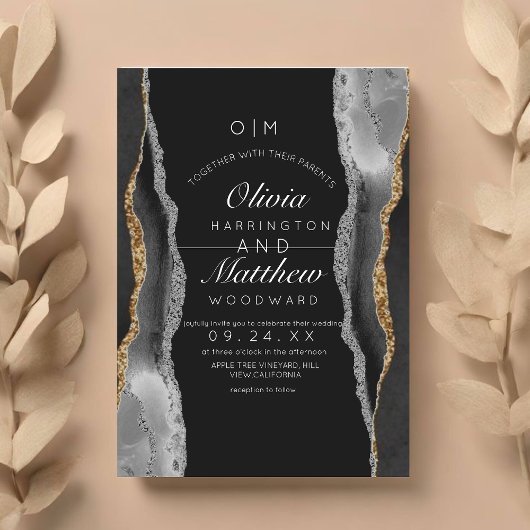 Invitation Agate moderne Noir et blanc Mariage or argent