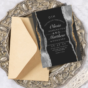 Invitation Agate moderne Noir et blanc Mariage or argent