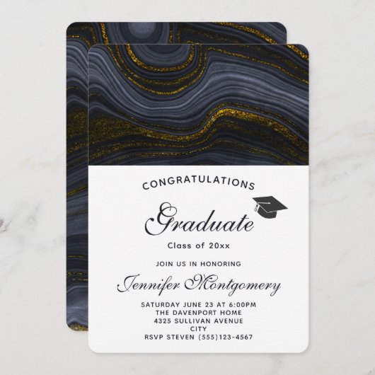 Invitation Agate moderne Noir et Or & Graduation Cap (Devant / Derrière)