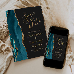 Invitation Agate moderne Turquoise Gold Dark Wedding Enregist