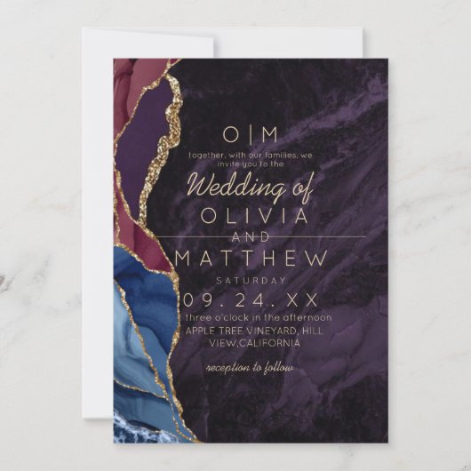 Invitation Agate moderne violet Bourgogne bleu Mariage or (Devant)