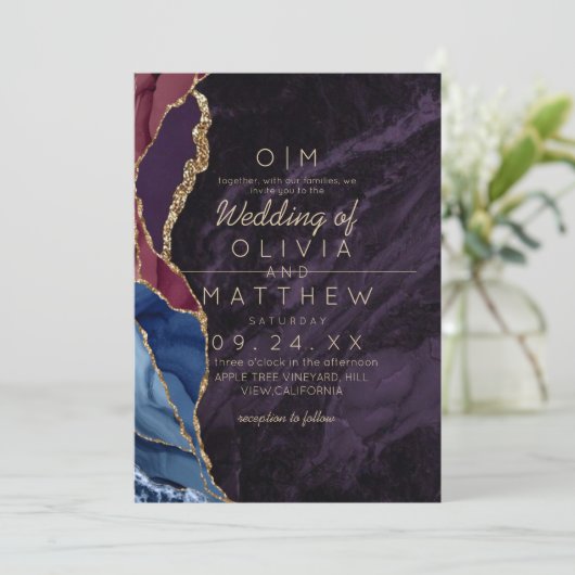 Invitation Agate moderne violet Bourgogne bleu Mariage or (Debout devant)