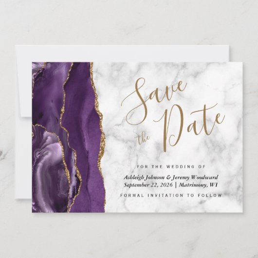 Invitation Agate moderne violet marbre doré Enregistrer la ca (Devant)
