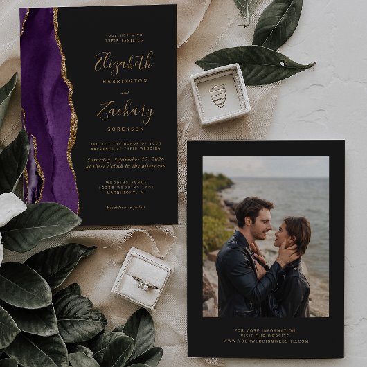 Invitation Agate moderne violet or Mariage foncé