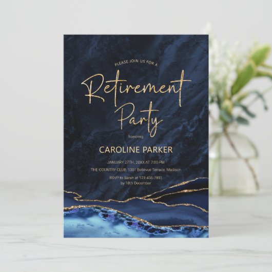 Invitation Agate Navy Blue Gold Retraite Party (Debout devant)